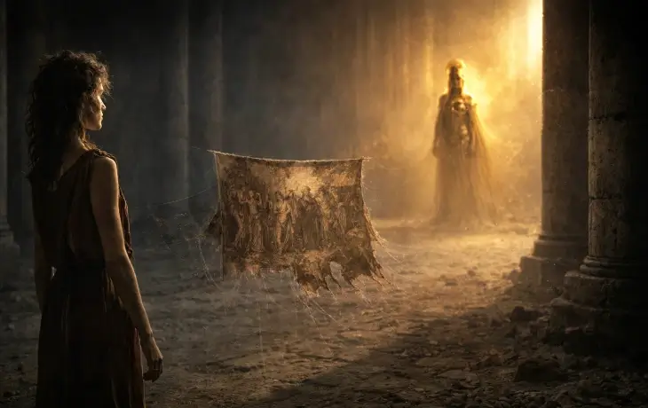 Arakne’nin dokumasıyla birlikte Athena’nın uzakta ışık içinde durduğu ve aralarındaki mesafenin vurgulandığı sahne